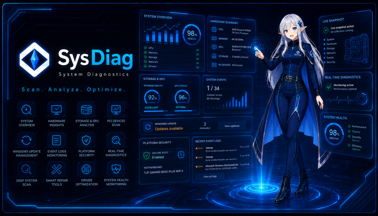 Lurionyx SysDiag diagnostics dashboard with Elara assistant